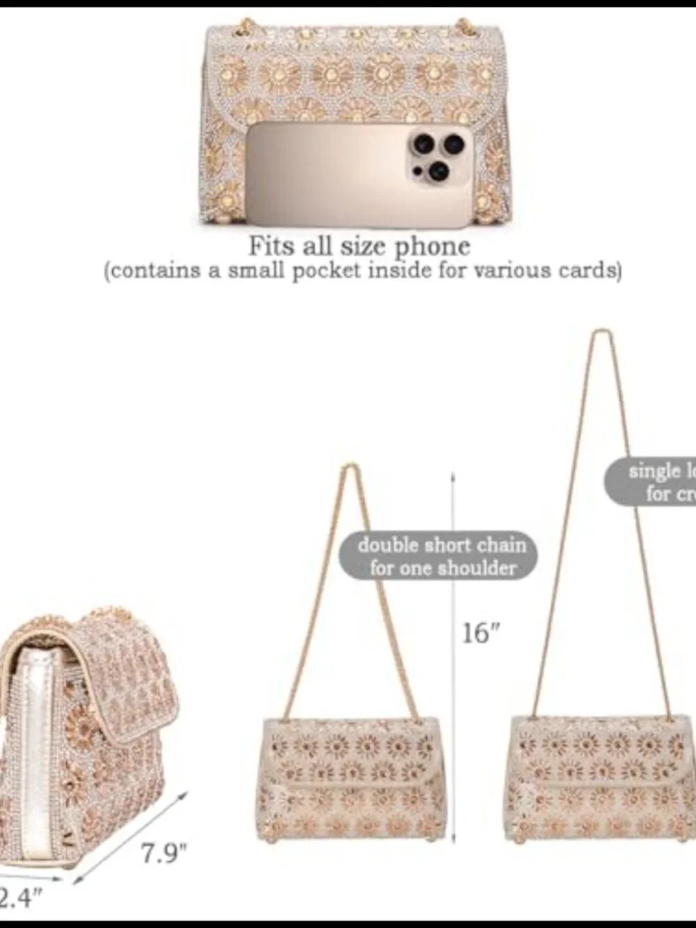 Rhinestone Evening Clutch Crossbody Bag with Chain Floral Clutch Purse